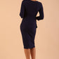 Model wearing DIVA Seed Rosemary Low V-Neckline Sleeved Pencil Dress in navy blue colour
