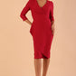 Model wearing DIVA Seed Rosemary Low V-Neckline Sleeved Pencil Dress in crimson pink colour
