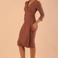 Model wearing DIVA Seed Rosemary Low V-Neckline Sleeved Pencil Dress in acorn brown colour