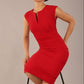 brunette model is sitting and wearing a diva catwalk seed Fitzrovia sleeveless pencil dress with round neckline and v-slit and knee length in cardinal red colour front image with sun glasses