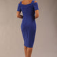 brunette model wearing diva catwalk amorette pencil skirt dress with a cold shoulder detaul and pleating across the bust and slit on a side of skirt in royal blue back