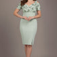 Woman wearing a light green dress with a patterned top and plain skirt against a brown background (Deco Green Fern)