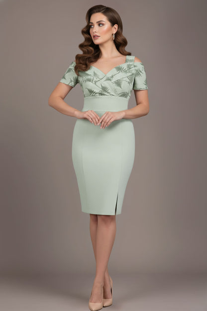 Woman wearing a light green dress with a patterned top and plain skirt against a brown background (Deco Green Fern)