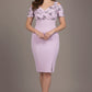 Woman wearing a light purple dress with a patterned top against a neutral background (Dawn Pink Fern)