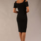 brunette model wearing diva catwalk amorette pencil skirt dress with a cold shoulder detaul and pleating across the bust and slit on a side of skirt in black back