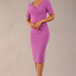 model is wearing diva catwalk seed barton short sleeve pencil dress with v-neck in magenta mist front