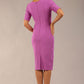 model is wearing diva catwalk seed barton short sleeve pencil dress with v-neck in magenta mist front