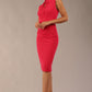 model wearing a diva catwalk Oceana Tie Pencil Dress sleeveless style with high neckline and tie detail on the neckline and with knee length in honeysuckle pink colour