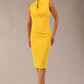 model wearing a diva catwalk Oceana Tie Pencil Dress sleeveless style with high neckline and tie detail on the neckline and with knee length in freesia yellow colour