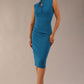 model wearing a diva catwalk Oceana Tie Pencil Dress sleeveless style with high neckline and tie detail on the neckline and with knee length in tropical teal colour