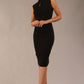 model wearing a diva catwalk Oceana Tie Pencil Dress sleeveless style with high neckline and tie detail on the neckline and with knee length in black colour