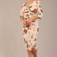 brunette model is wearing a diva catwalk Cynthia Floral Print Dress sleeved crossover v neckline knee length in Rose Blush Print front image