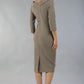 model wearing a divacatwalk Seed Spotlight Round Collar Dress 3/4 sleeve knee length in taupe brown colour