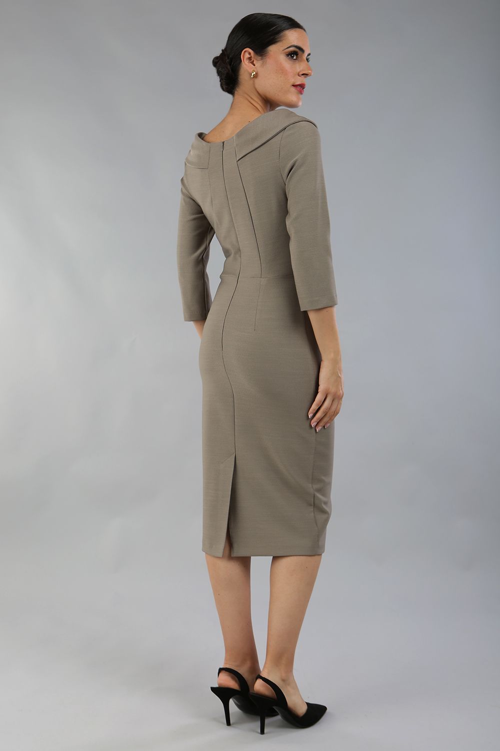 model wearing a divacatwalk Seed Spotlight Round Collar Dress 3/4 sleeve knee length in taupe brown colour