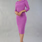 model wearing a divacatwalk Seed Spotlight Round Collar Dress 3/4 sleeve knee length in magenta mist colour