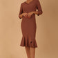 model wearing a diva catwalk Seed Brecon Fishtail Sleeved Dress in acorn brown colour