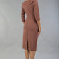 model wearing a diva catwalk Seed Aspley Sleeved Pencil Skirt Casual Dress with 3/4 sleeve and knee length in acorn brown colour