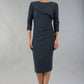 model wearing a diva catwalk Seed Aspley Sleeved Pencil Skirt Casual Dress with 3/4 sleeve and knee length in slate grey colour