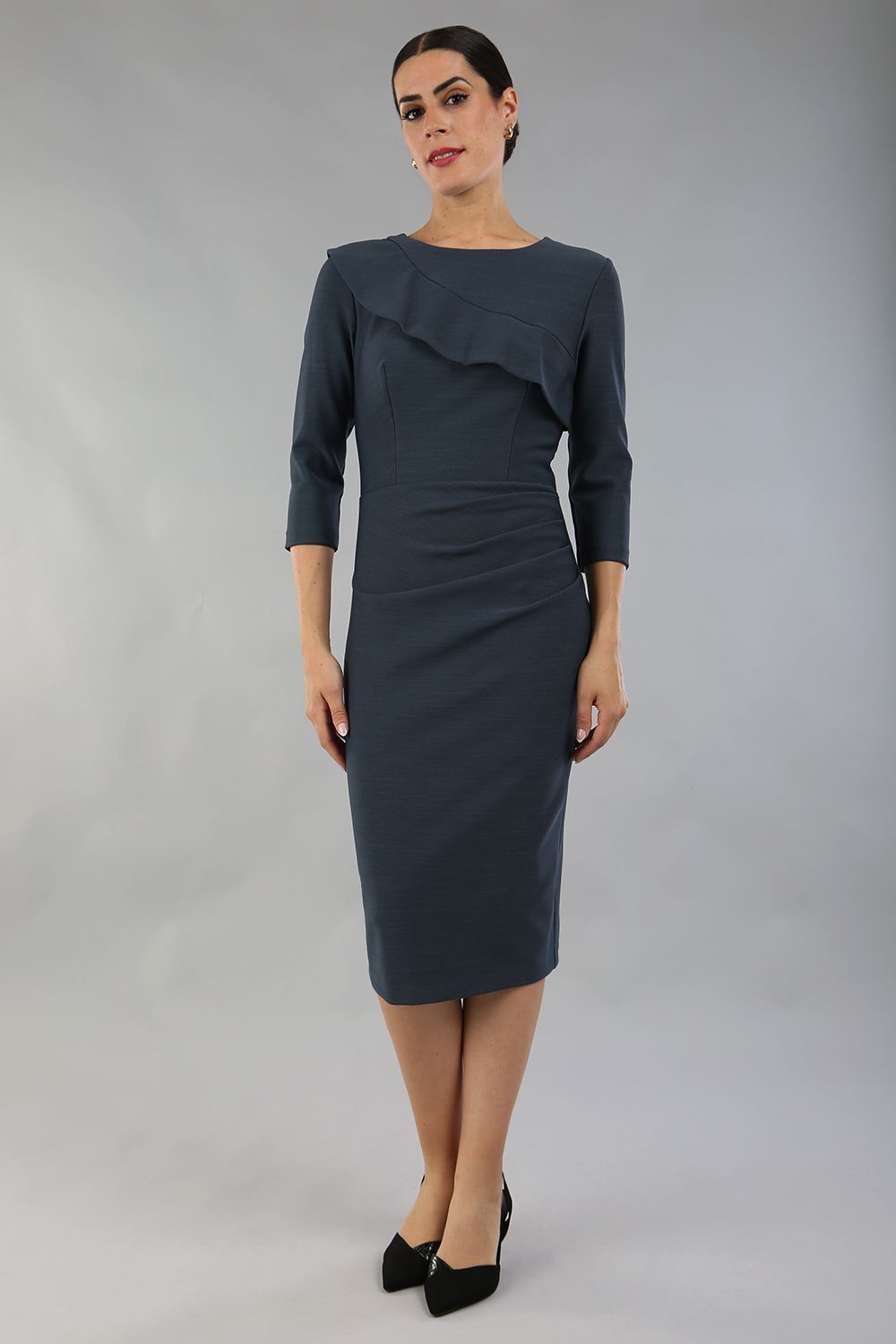 model wearing a diva catwalk Seed Aspley Sleeved Pencil Skirt Casual Dress with 3/4 sleeve and knee length in slate grey colour