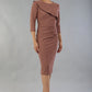 model wearing a diva catwalk Seed Aspley Sleeved Pencil Skirt Casual Dress with 3/4 sleeve and knee length in acorn brown colour