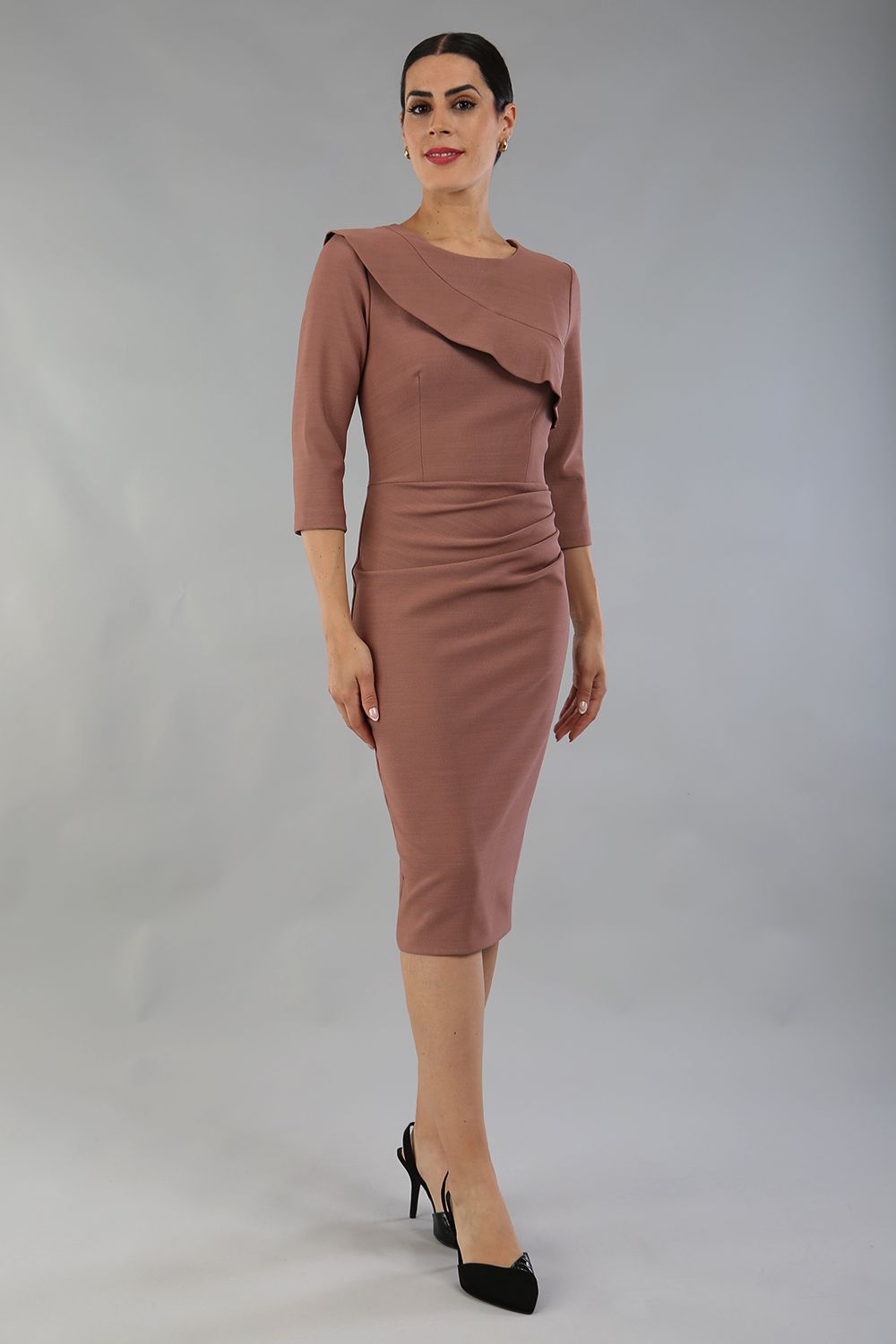 model wearing a diva catwalk Seed Aspley Sleeved Pencil Skirt Casual Dress with 3/4 sleeve and knee length in acorn brown colour