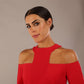 model is wearing diva catwalk kelso sleeved pencil dress with shoulder cut out and rounded high neck in electric red front close up