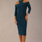 model is wearing diva catwalk kelso sleeved pencil dress with shoulder cut out and rounded high neck in glorious teal front