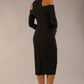 model is wearing diva catwalk kelso sleeved pencil dress with shoulder cut out and rounded high neck in black back