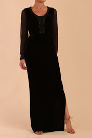 Model wearing diva catwalk Isabella Velvelt Long Sleeve Maxi Length Dress in Black front