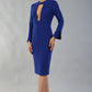 model is wearing diva catwalk fifi pencil skirt dress with three quarter flute sleeve and rounded neckline with a cut out at the front in cobalt blue