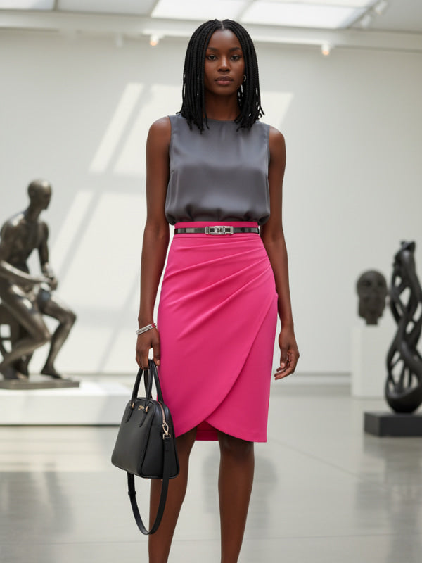 Woman in a gray top model wearing a diva catwalk Pacific Pencil Skirt with faux wrap detail and pleating on the skirt and knee length in hibiscus pink colour standing in an art gallery.