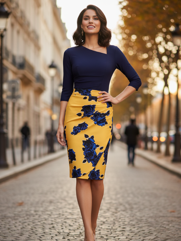 Woman wearing a navy top and yellow floral skirt on a city street.