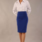 model wearing a diva catwalk Pacific Pencil Skirt with faux wrap detail and pleating on the skirt and knee length in cobalt blue colour