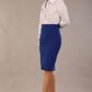 model wearing a diva catwalk Pacific Pencil Skirt with faux wrap detail and pleating on the skirt and knee length in cobalt blue colour