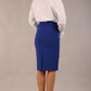 model wearing a diva catwalk Pacific Pencil Skirt with faux wrap detail and pleating on the skirt and knee length in cobalt blue colour