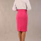 model wearing a diva catwalk Pacific Pencil Skirt with faux wrap detail and pleating on the skirt and knee length in hibiscus pink colour