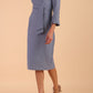 Model wearing diva catwalk Seed Orla Asymmetric Pencil Dress in Steel Blue front side