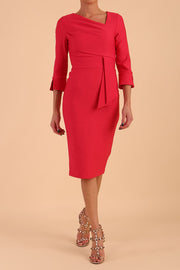 Model wearing diva catwalk Seed Orla Asymmetric Pencil Dress in Opera Pink front