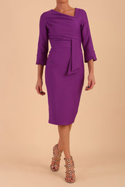 Model wearing diva catwalk Seed Orla Asymmetric Pencil Dress in Amethyst Purple front