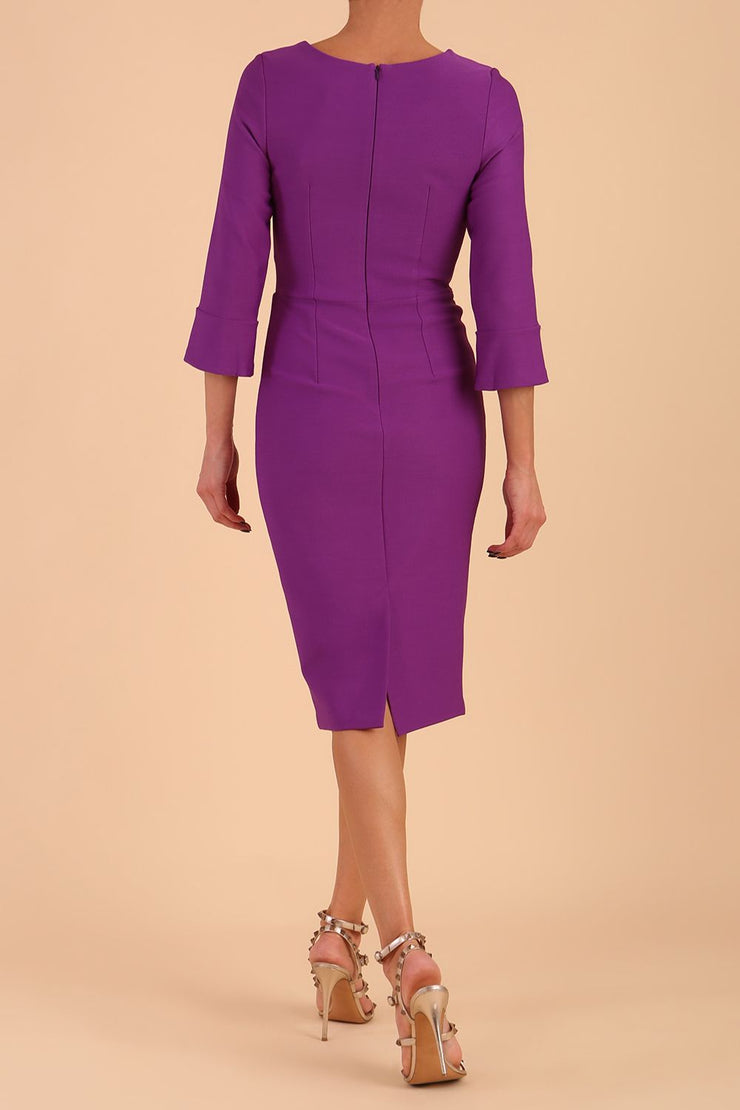 Model wearing diva catwalk Seed Orla Asymmetric Pencil Dress in Amethyst Purple back