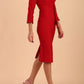 Model wearing diva catwalk Seed Orla Asymmetric Pencil Dress in Cardinal Red front side