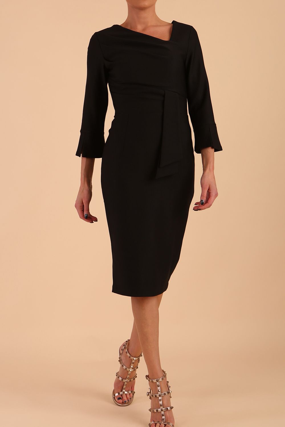 Model wearing diva catwalk Seed Orla Asymmetric Pencil Dress in Black front