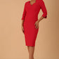 model wearing seed couture zara pencil skirt dress with asymmetric neckline with sleeves in opera pink colour
