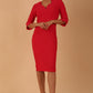model wearing seed couture zara pencil skirt dress with asymmetric neckline with sleeves in opera pink colour