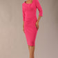 A model is wearing a bistretch pencil three quarter sleeve  and assymetric nackline dress by Diva Catwalk in hibiscus pink