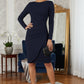 Woman in a navy blue dress standing in an elegant room with a mirror and decor. (Navy Blue)