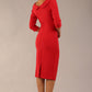 model is wearing diva catwalk seed axford pencil sleeved dress with rounded folded collar in Salsa Red back