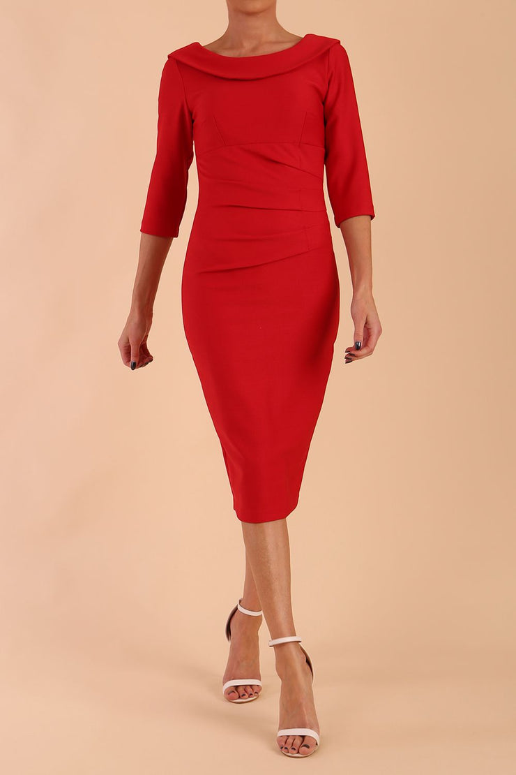 model is wearing diva catwalk seed axford pencil sleeved dress with rounded folded collar in Salsa Red front
