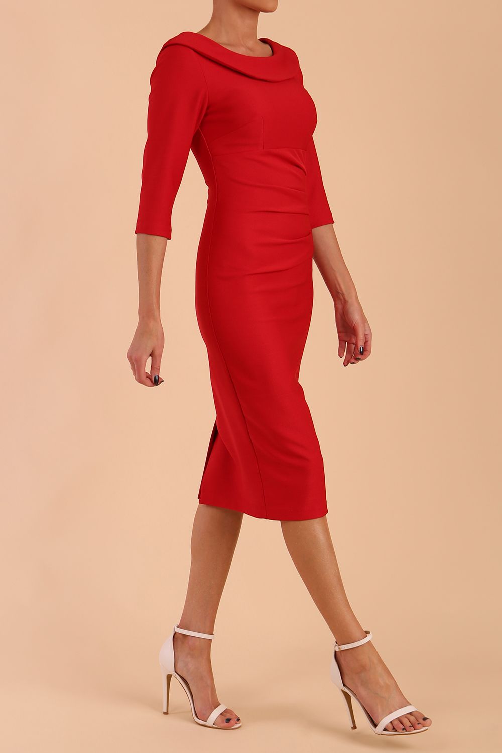 model is wearing diva catwalk seed axford pencil sleeved dress with rounded folded collar in Salsa Red side
