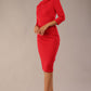 model wearing diva catwalk york pencil-skirt dress with sleeves and rounded folded collar and plearing across the tummy area in electric red colour front image